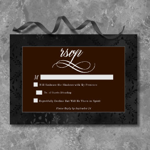 Dark Gothic Black Floral Satin Damask Brown RSVP Karte