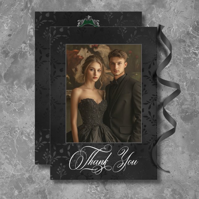 Dark Gothic Black Floral Satin Damask Green Dankeskarte (Von Creator hochgeladen)