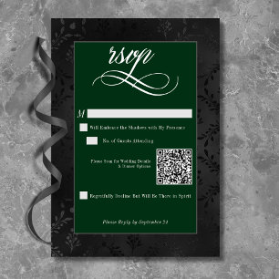 Dark Gothic Black Floral Satin Damask Green RSVP Karte