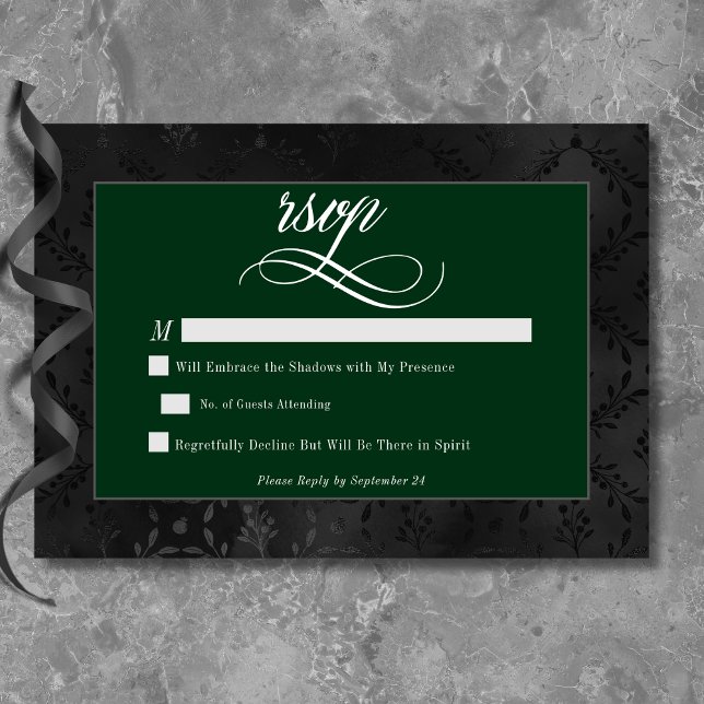 Dark Gothic Black Floral Satin Damask Green RSVP Karte (Dark Gothic Black Floral Satin Damask Green RSVP Card)