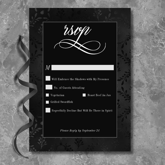 Dark Gothic Black Floral Satin Damask Hochzeit RSVP Karte (Dark Gothic Black Floral Satin Damask Wedding RSVP Card)
