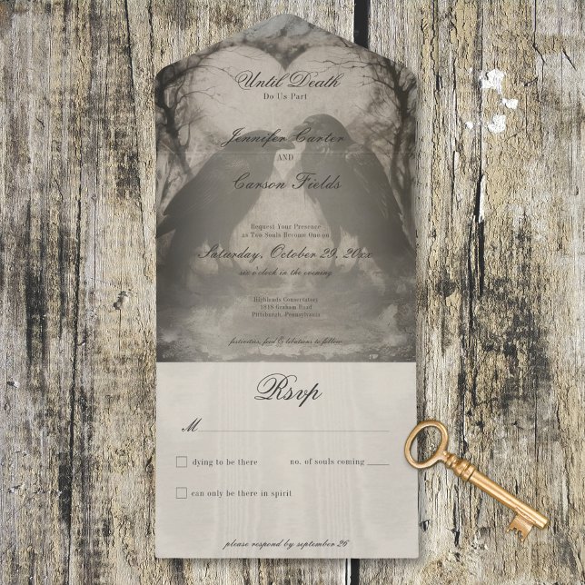 Dark Gothic Black & Tan Raven Wedding No Dinner All In One Einladung (Dark Gothic Black & Tan Raven Wedding No Dinner All In One Invitation)