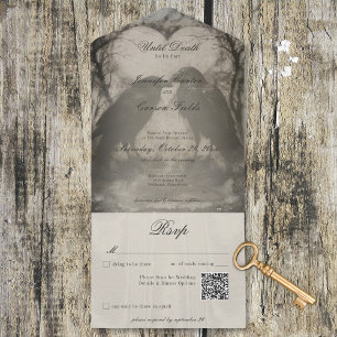 Dark Gothic Black & Tan Raven Wedding QR Code All In One Einladung