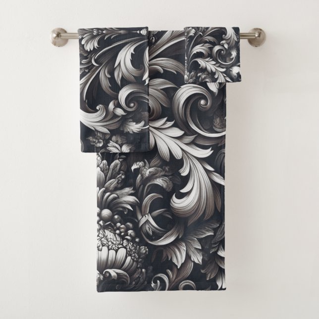 Dark Gothic Bold Ornamental Floral Pattern Badhandtuch Set (Insitu)