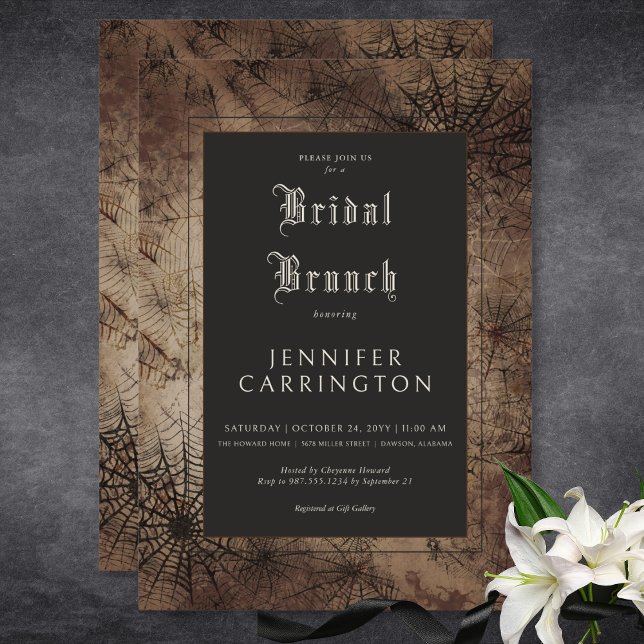 Dark Gothic Brown & Black Spider Web Bridal Brunch Einladung (Dark Gothic Brown & Black Spider Web Bridal Brunch Invitation)