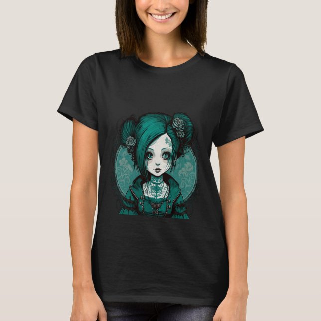 Dark Gothic Doll Chibi Style Rose Türkis Tone T-Shirt (Vorderseite)