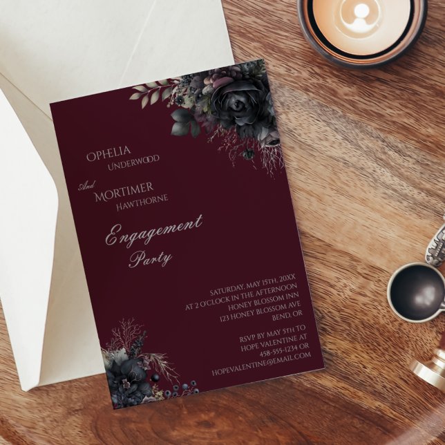 Dark Gothic Floral Burgundy Engagement Party Einladung (Von Creator hochgeladen)