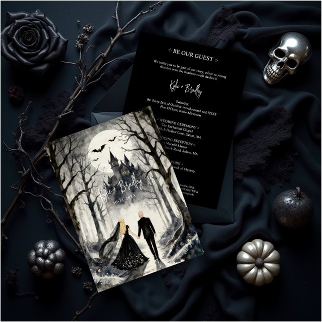 Dark Gothic Forest Wedding Couple Haunted Castle Einladung (Dark Gothic Forest Wedding Couple Haunted Castle Invitation Card Design.)
