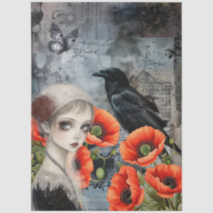 Dark Gothic Girl Raven Red Poppies Abstrakte Kunst Seidenpapier