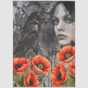 Dark Gothic Girl Raven Red Poppies Abstrakte Kunst Seidenpapier