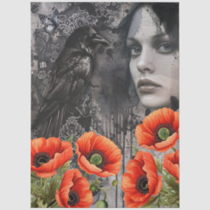 Dark Gothic Girl Raven Red Poppies Abstrakte Kunst Seidenpapier