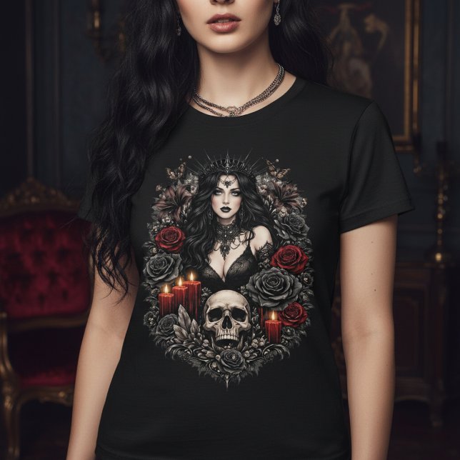 Dark Gothic Queen With Skull and Candles T-Shirt (Dark Gothic Queen With Skull and Candles T-Shirt by Ricaso - dark & divine series. Goth style tee
)