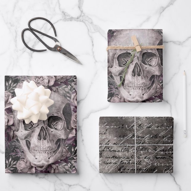 Dark Gothic Skull & Script Wrapping Paper Sheets Geschenkpapier Set (Vorderseite)