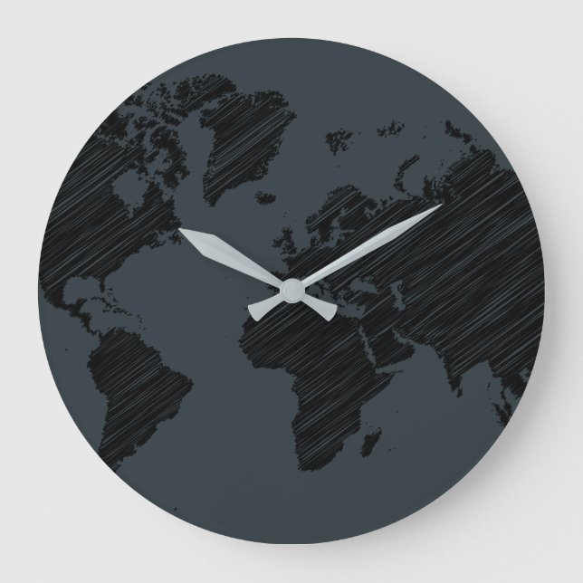 Dark Gray & Black Abstract World Map Design Große Wanduhr (Vorderseite)
