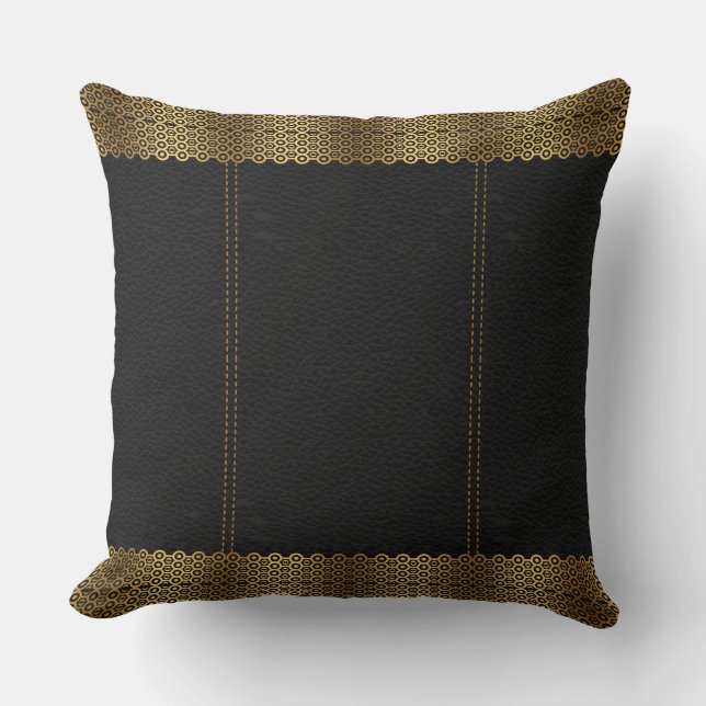 Dark Gray Leather & Gold Geometric Border Kissen (Vorderseite)