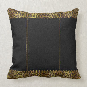 Dark Gray Leather & Gold Geometric Border Kissen