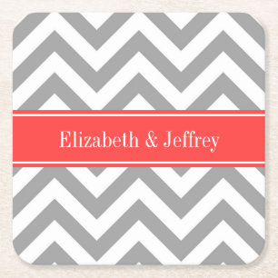Dark Gray Lg Zickzack Coral Red Name Monogram Rechteckiger Pappuntersetzer
