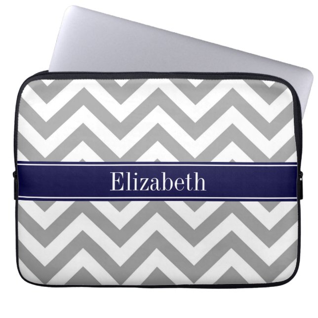 Dark Gray Lg Zickzack Navy Blue Name Monogram Laptopschutzhülle (Vorderseite)