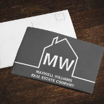 Dark Gray Real Anwesen Company Monogram Realtor Postkarte<br><div class="desc">Diese moderne,  dunkelgraue Marketing-Postkarte für Immobilien in Monogramm ist in Schwarz unter den Initialen des Realty Agenten in einfacher Typografie gefertigt. Dieses minimalistisch graue Design zeichnet sich durch eine einfache Kontur eines Hauses aus. Zeitgenössisches Geschenk für einen Agent,  der Ihnen beim Kauf einer Zuhause behilflich ist.</div>