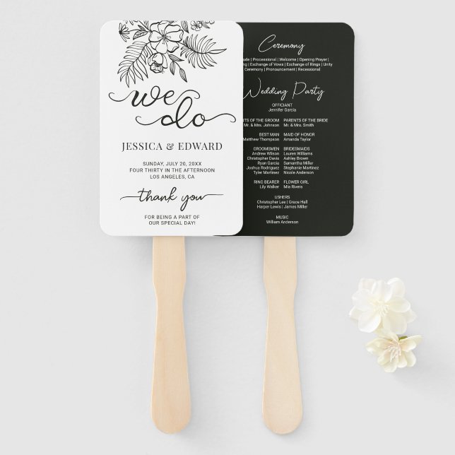 Dark Gray White Floral Elegantes Hochzeitsprogramm Fächer (Vorne und Hinten)