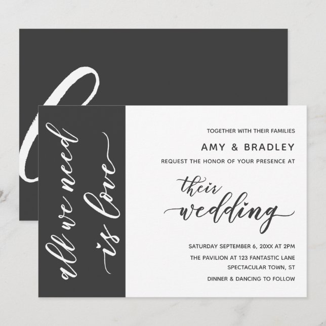 Dark Gray & White Modern Script Wedding Einladung (Vorne/Hinten)