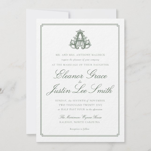 Dark Green "A" Monogram Wedding Invitation (Devant)
