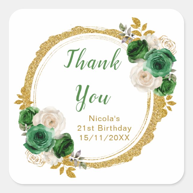 Dark Green and Gold Elegant Flowers Birthday Party Quadratischer Aufkleber (Vorderseite)