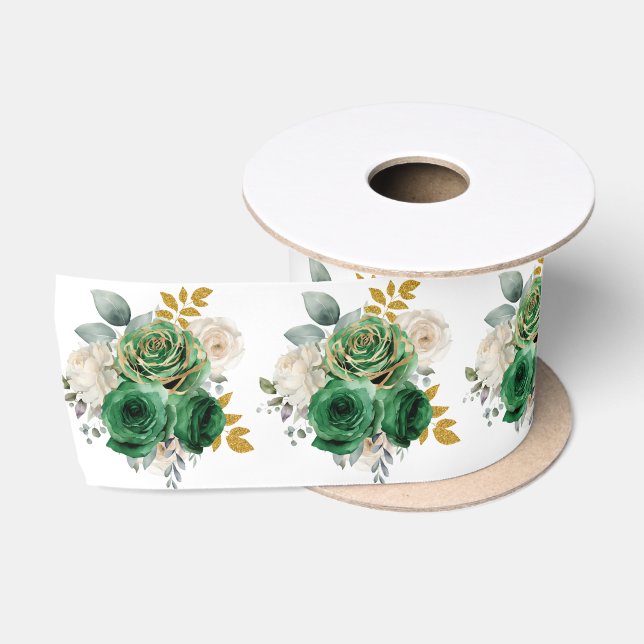 Dark Green and Gold Elegant Flowers Satinband (Spule)