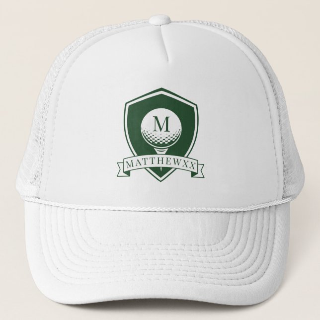 Dark Green and White Name Initial Monogram Golfer Truckerkappe (Vorderseite)
