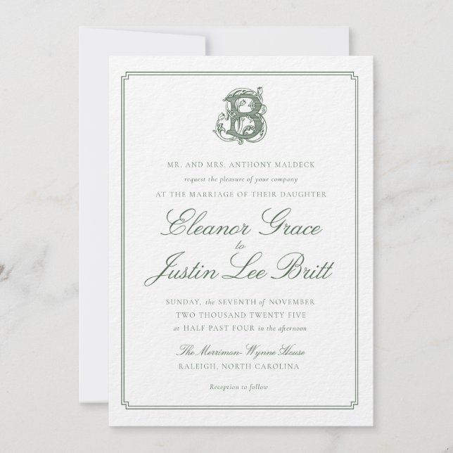 Dark Green "B" Monogram Wedding Invitation Einladung (Vorderseite)