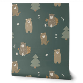 Dark Green Baby Bear Woodland Wallpaper Tapete