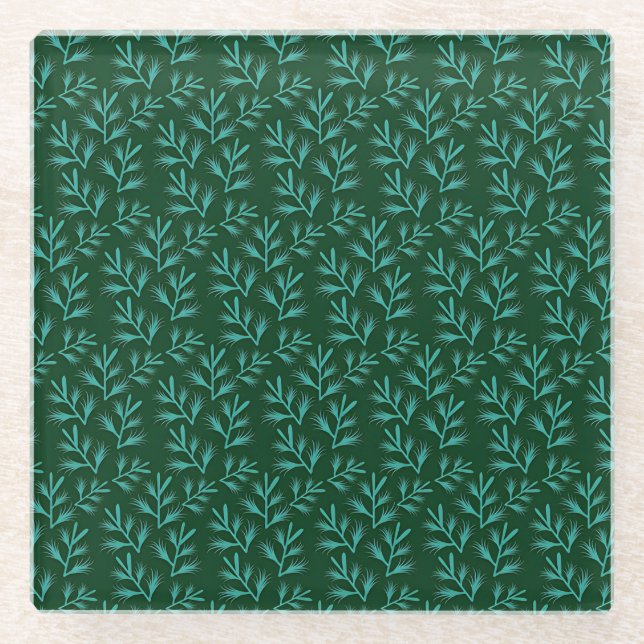  Dark Green Background with Teal Botanical Leaves Glasuntersetzer (Vorderseite)
