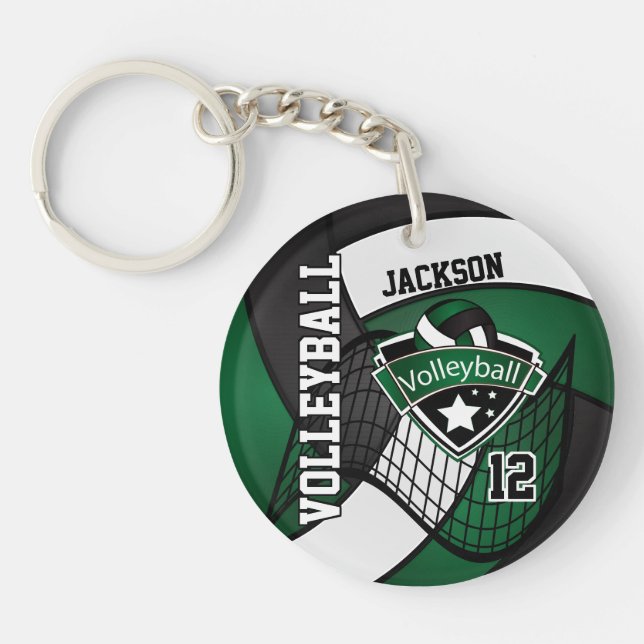 Dark Green, Black & White Volleyball Design Schlüsselanhänger (Vorderseite)