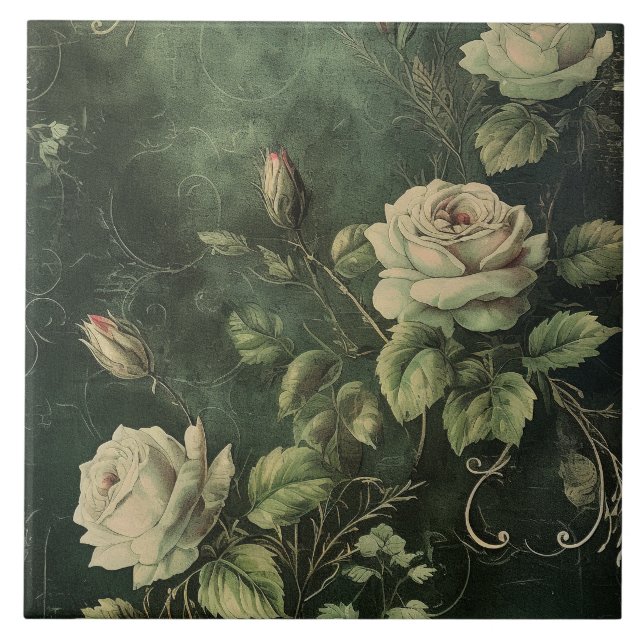 Dark Green Blush Rose  Fliese (Vorderseite)