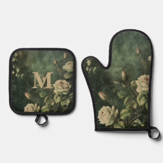 Dark Green Blush Rose  Ofenhandschuh & Topflappen-Set