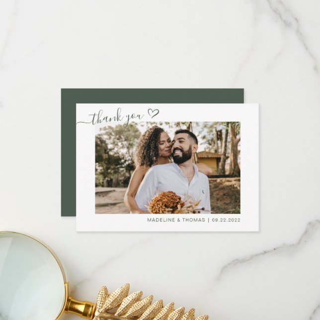 Dark Green Boho Simple Foto Heart Script Wedding Dankeskarte (Vorderseite/Rückseite Beispiel)