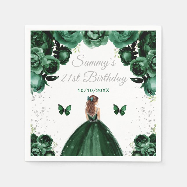 Dark Green Brown Haar Prinzessin Birthday Party Serviette (Vorderseite)