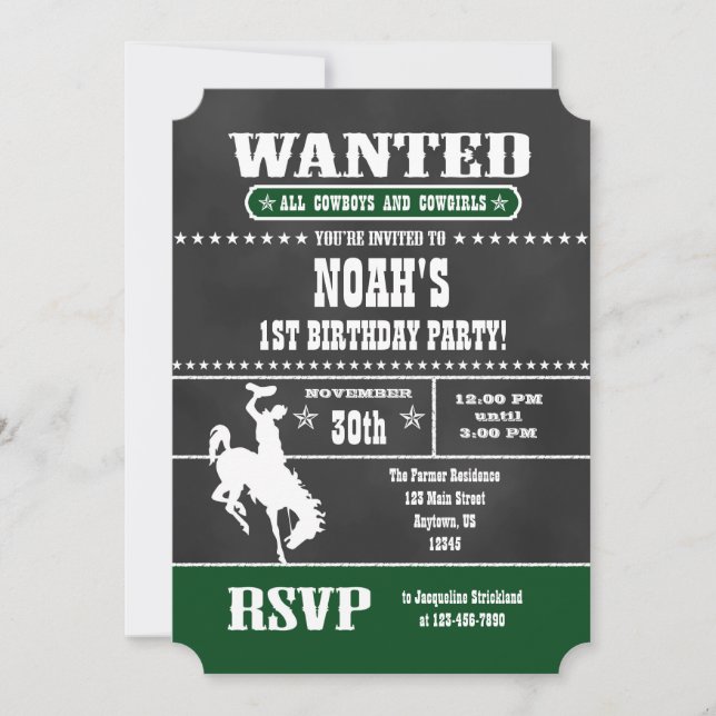 Dark Green Chalkboard Cowboy Einladung zum Geburts (Vorderseite)