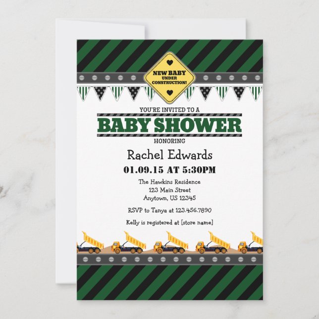 Dark Green Construction Baby Shower Einladung (Vorderseite)