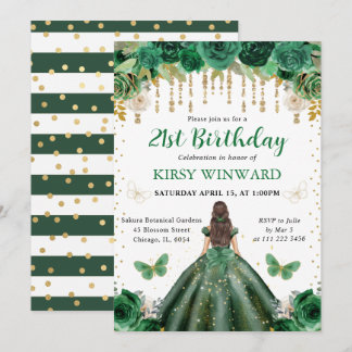 Dark Green Dress Brünett Hair Princess Birthday Einladung
