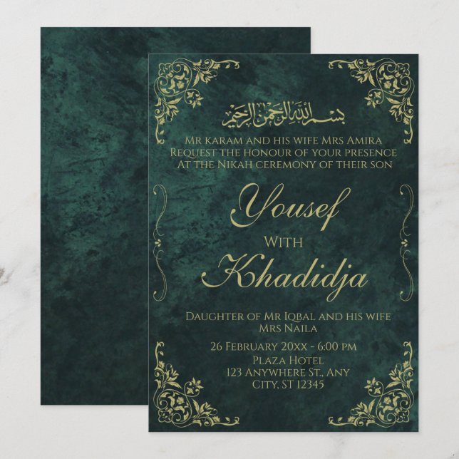 Dark Green Elegant Muslim Nikah Einladung (Vorne/Hinten)