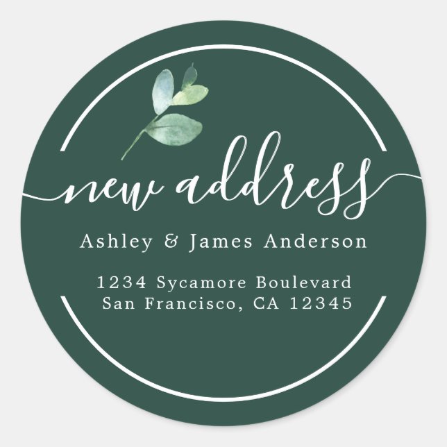 Dark Green Eucalyptus Calligraphy New Address  Runder Aufkleber (Vorderseite)