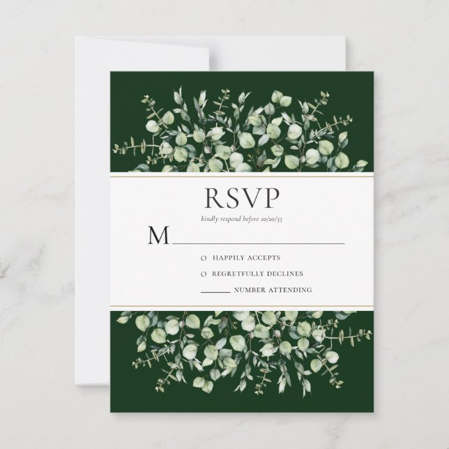 Dark Green Eucalyptus Wedding RSVP Karte (Vorderseite)