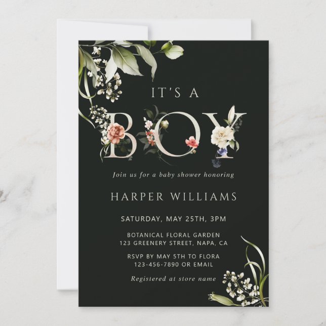 Dark Green Floral Botanical Letter Boy Baby Dusche Einladung (Vorderseite)