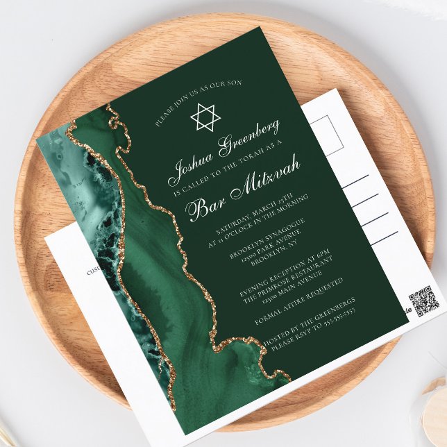 Dark Green Gold Agate Bar Mitzvah Party Einladung Postkarte (Von Creator hochgeladen)