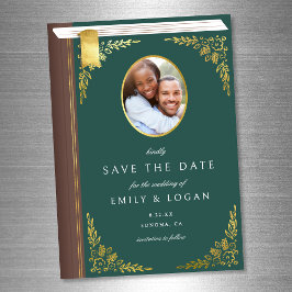 Dark Green Gold Book Wedding Save The Date Card Magneteinladung