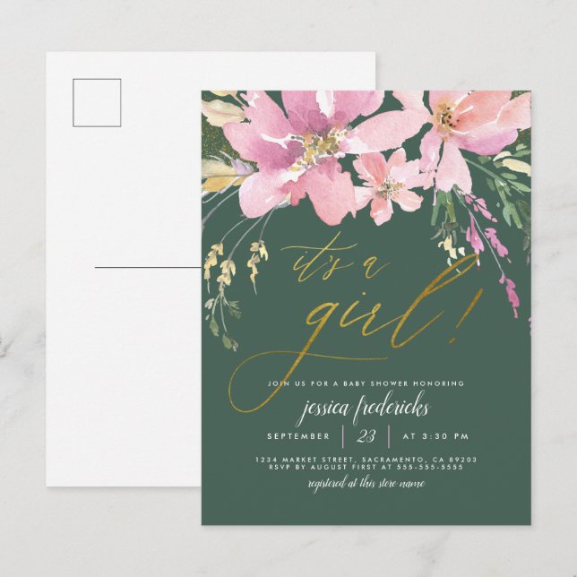 Dark Green & Gold ist eine Girl Floral Baby Dusche Einladungspostkarte (Vorne/Hinten)