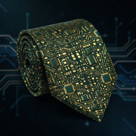 Dark Green Gold Tech Motherboard Pattern Krawatte