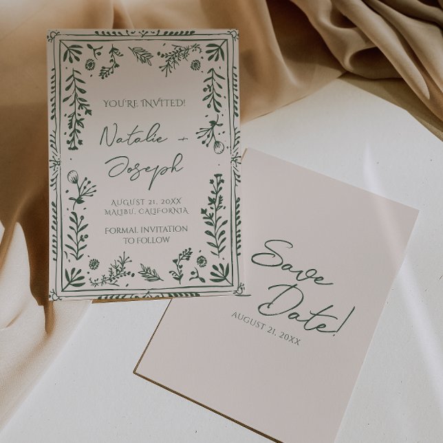 Dark Green Hand Drawn Floral Garden Boho Wedding  Save The Date (Von Creator hochgeladen)