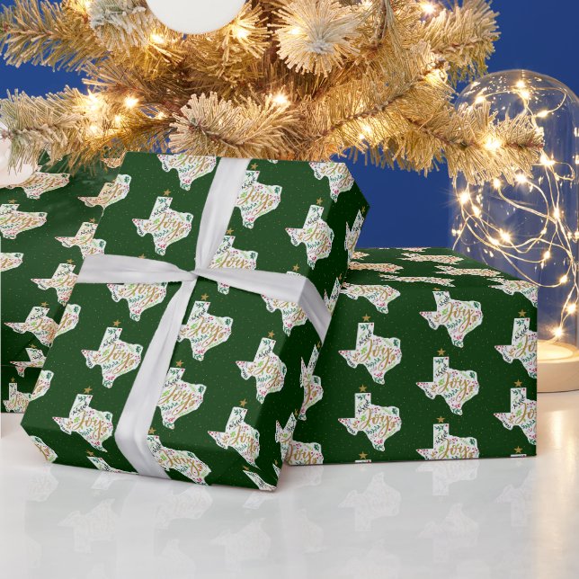 Dark Green Joy Holiday Blätter Texas Shape Geschenkpapier (Feiertage)